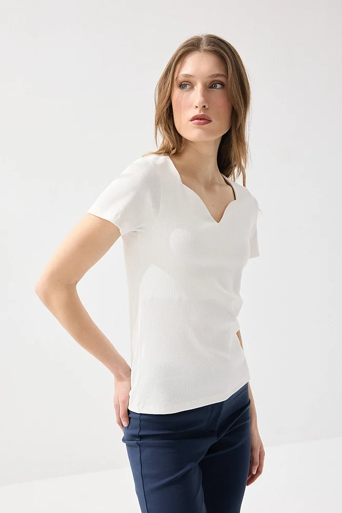 Sweetheart Neck Cotton Ribbed Blouse - White
