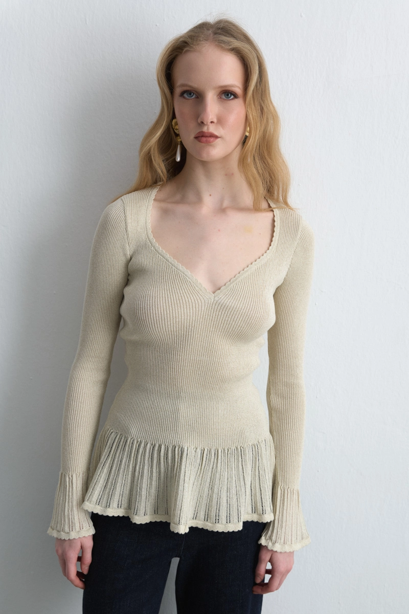 Sweetheart Neck Ruffled Knit Blouse Gold - Gusto