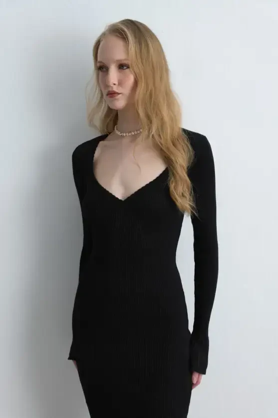 Sweetheart Neck Ruffled Viscose Knit Dress - Black - Gusto