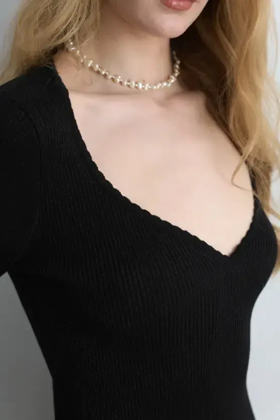 Sweetheart Neck Ruffled Viscose Knit Dress - Black - Gusto