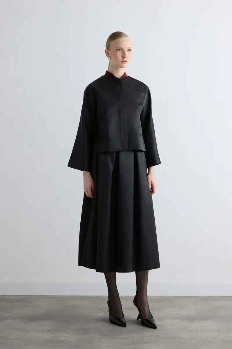 Taffeta Midi Skirt - Black - 1