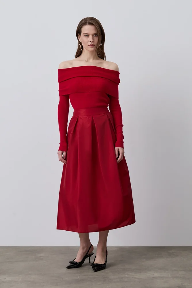 Taffeta Midi Skirt - Red Red