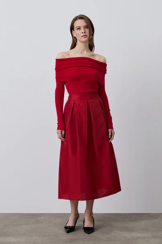 Taffeta Midi Skirt - Red - 3