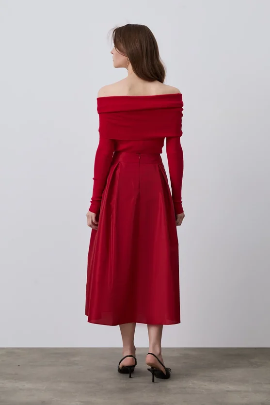 Taffeta Midi Skirt - Red - 5