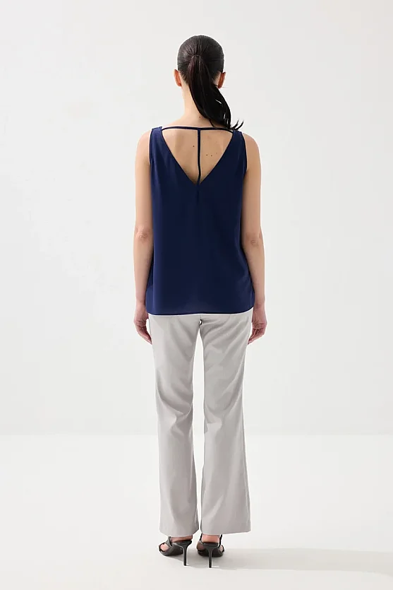 Tank Top with Back Tie Detail - Navy Blue - 5