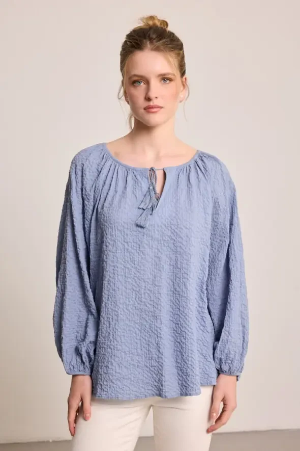 Tassel Detail Cotton Blouse - Blue - Gusto