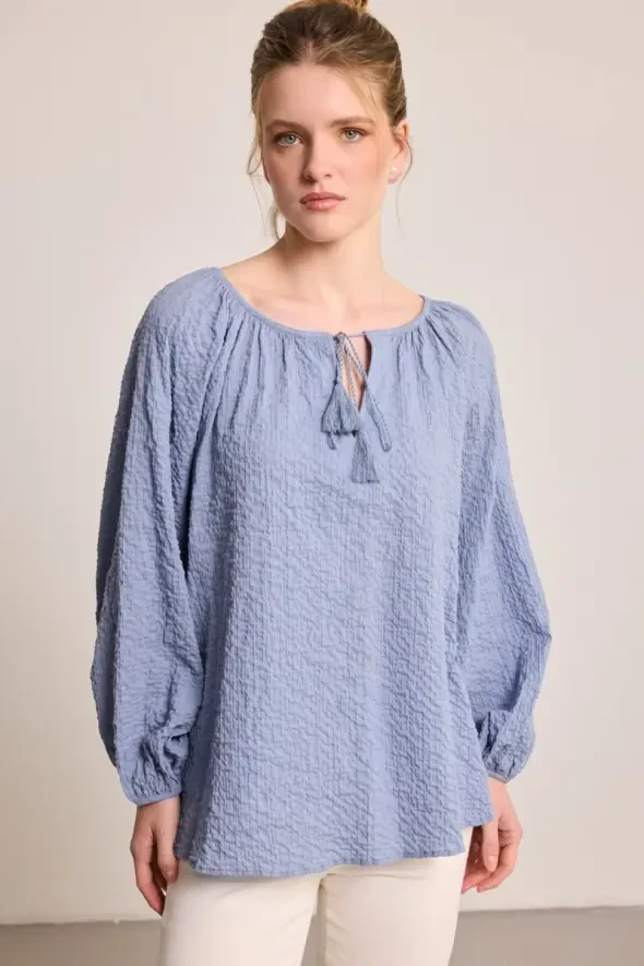 Tassel Detail Cotton Blouse - Blue - Gusto