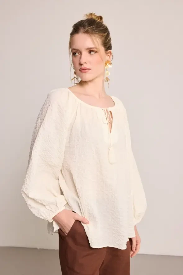 Tassel Detail Cotton Blouse - White - Gusto