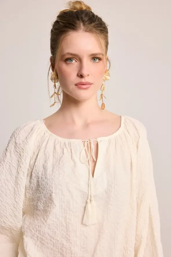 Tassel Detail Cotton Blouse - White - Gusto
