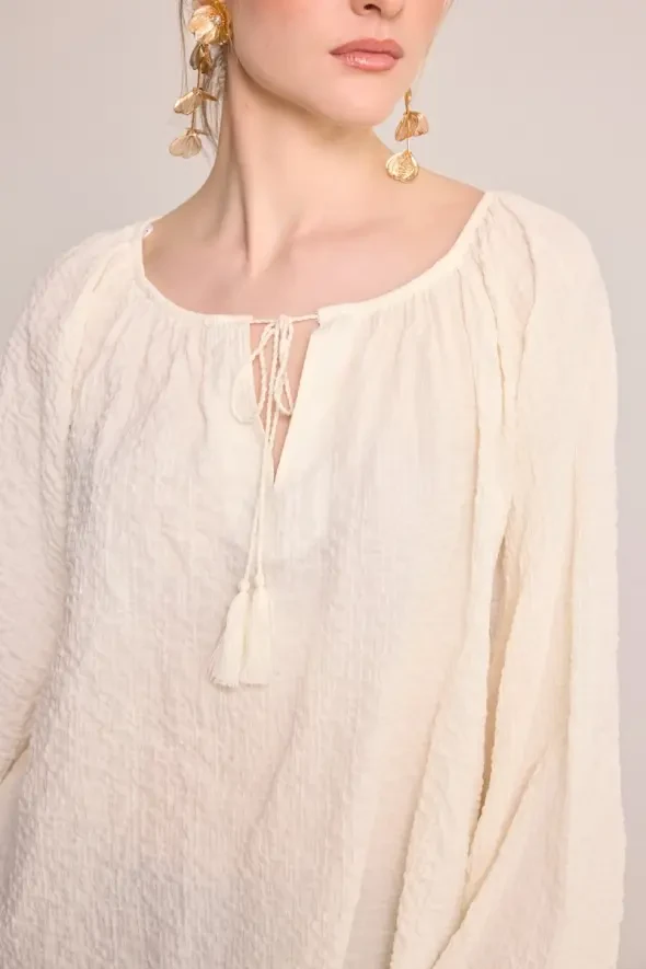 Tassel Detail Cotton Blouse - White - Gusto