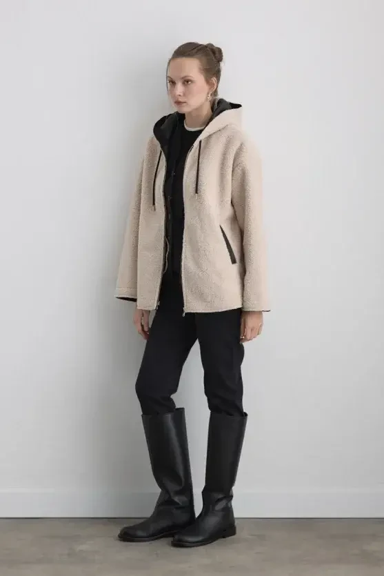 Teddy Coat with Faux Leather Hood Lining - Beige - Gusto