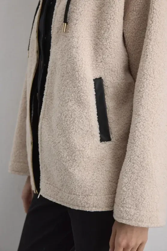 Teddy Coat with Faux Leather Hood Lining - Beige - 5