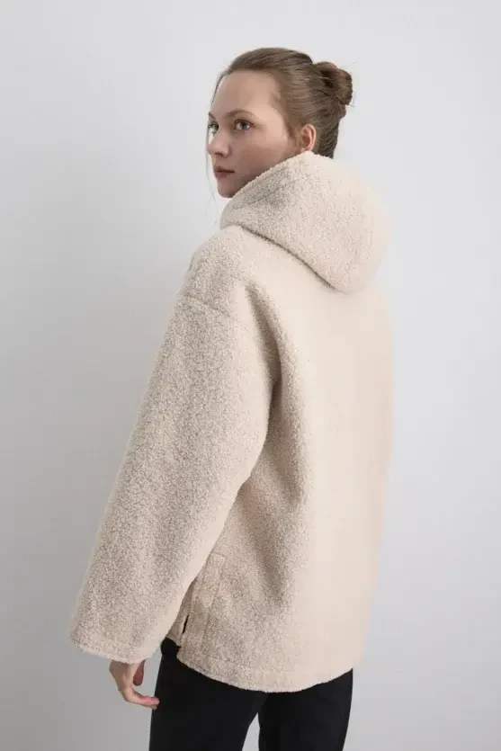 Teddy Coat with Faux Leather Hood Lining - Beige - 7