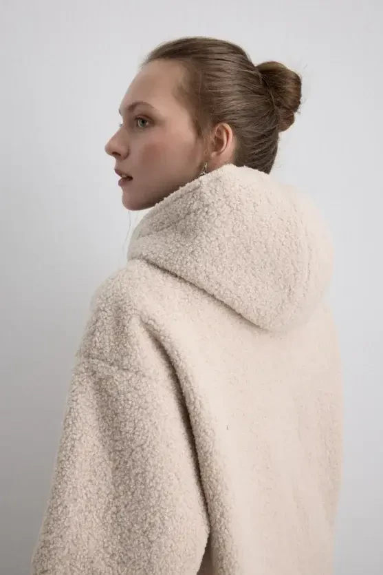 Teddy Coat with Faux Leather Hood Lining - Beige - 8