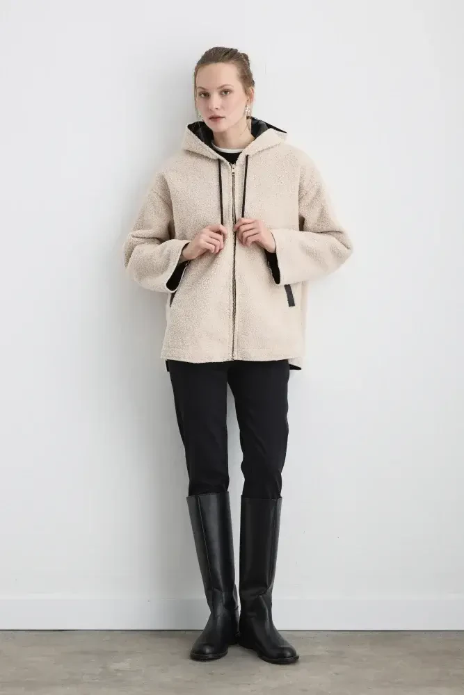 Teddy Coat with Faux Leather Hood Lining - Beige Beige