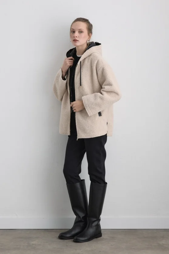 Teddy Coat with Faux Leather Hood Lining Beige - 3
