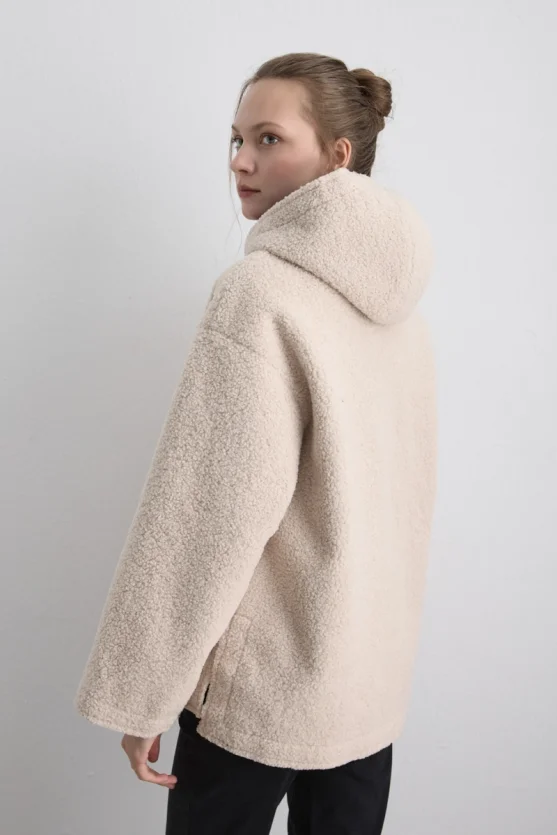 Teddy Coat with Faux Leather Hood Lining Beige - 7