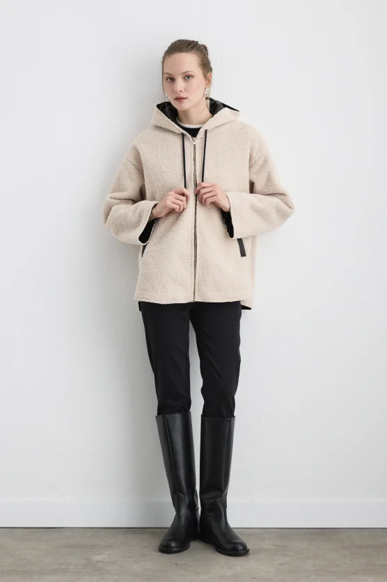 Teddy Coat with Faux Leather Hood Lining Beige - Gusto