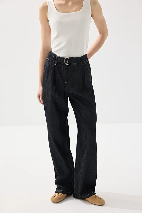 Tencel Denim Belted Pants - Navy Blue - 2