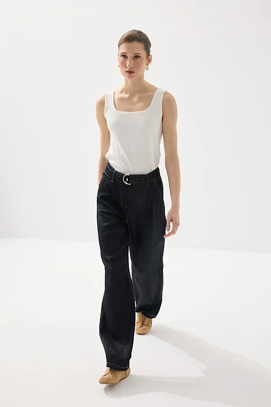 Tencel Denim Belted Pants - Navy Blue - 6
