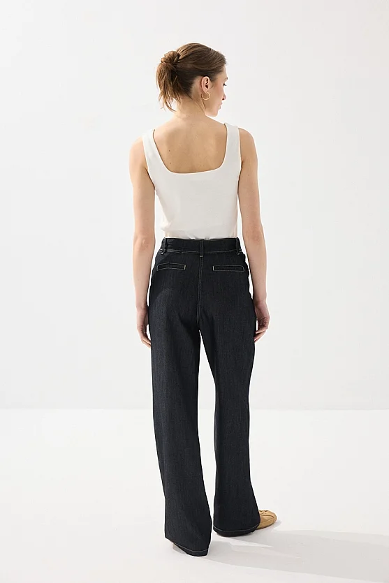 Tencel Denim Belted Pants - Navy Blue - Gusto