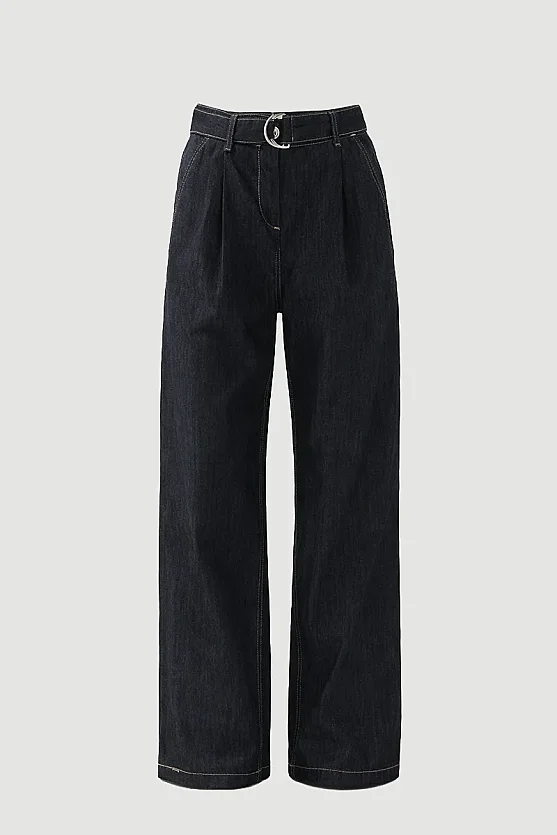 Tencel Denim Belted Pants - Navy Blue - 8