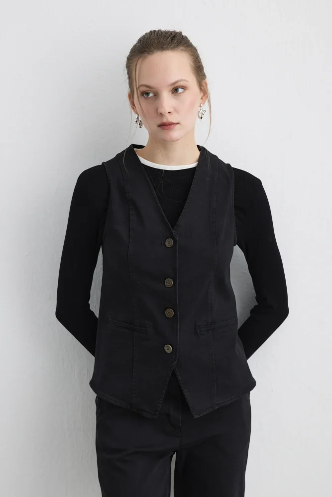 Tencel Denim Black Vest - Black - Gusto