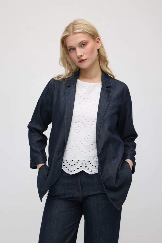 Tencel Denim Relaxed Fit Jacket - Navy Blue - Gusto