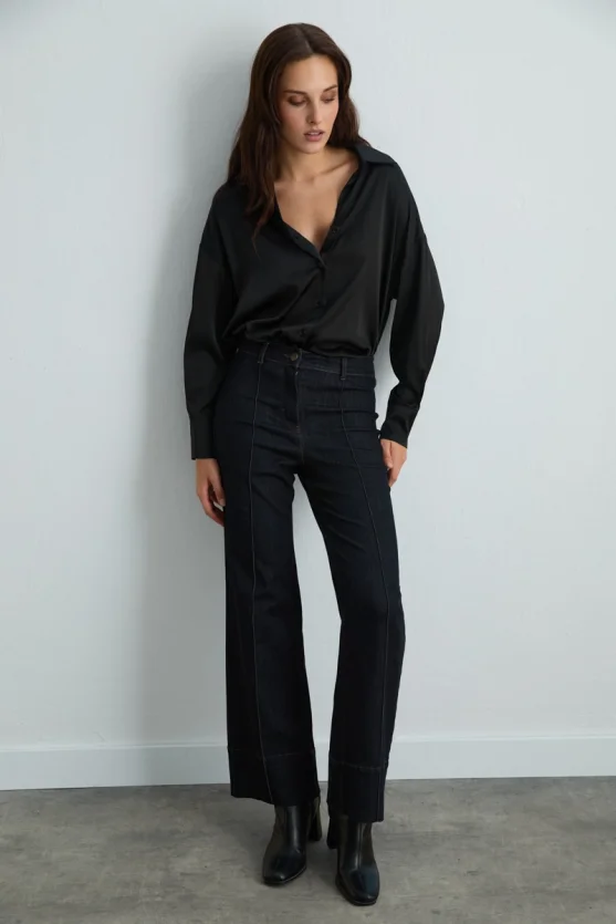 Tencel Denim Wide-Leg Pants - Navy - 6