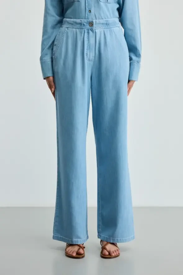 Tencel Denim Wide-Legged Pants - Blue - 2