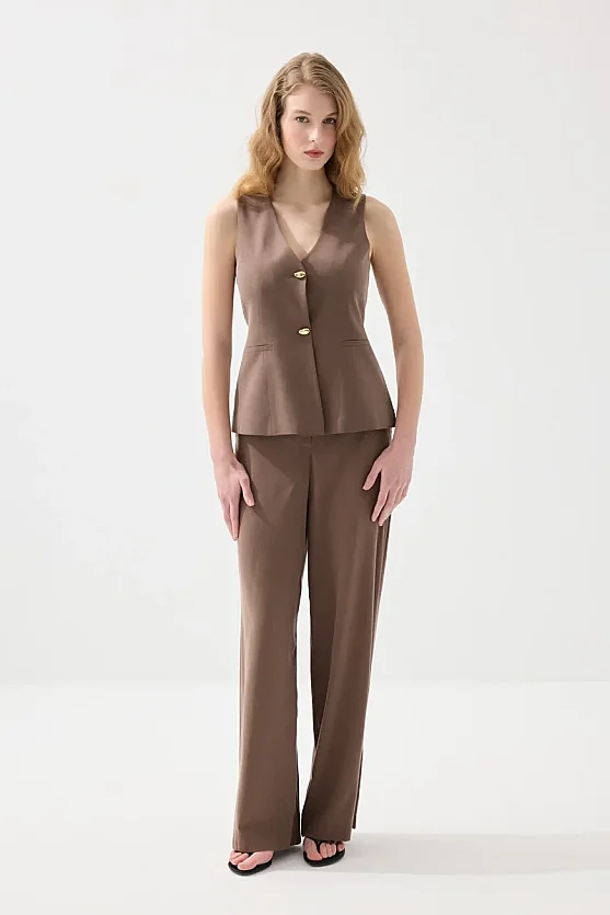 Tencel Linen Wide Leg Pants - Brown - Gusto