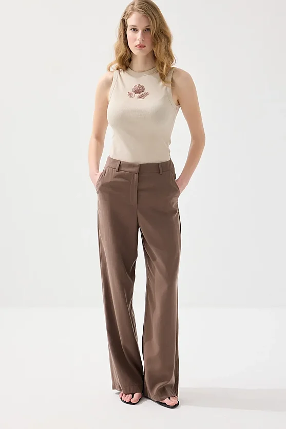 Tencel Linen Wide Leg Pants - Brown - Gusto