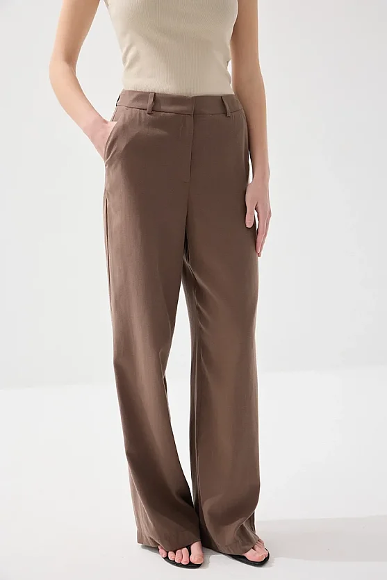 Tencel Linen Wide Leg Pants - Brown - Gusto