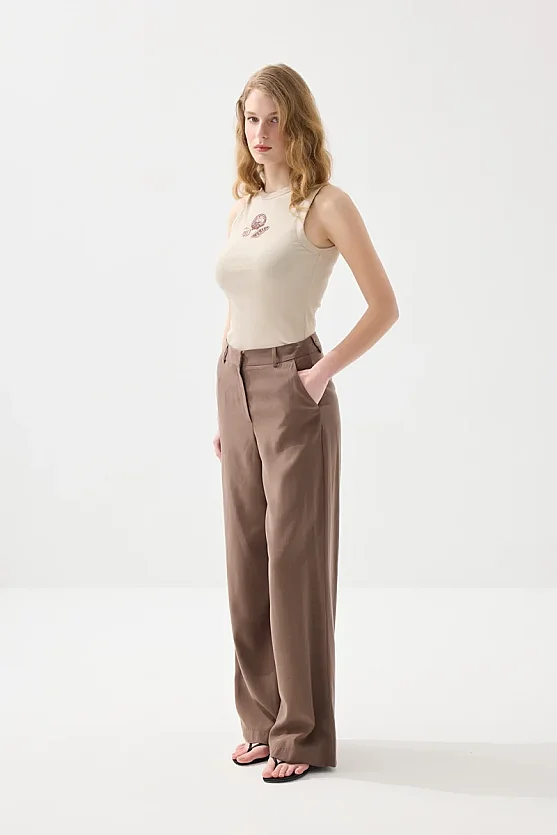 Tencel Linen Wide Leg Pants - Brown - Gusto