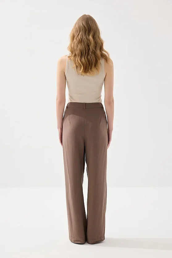 Tencel Linen Wide Leg Pants - Brown - Gusto