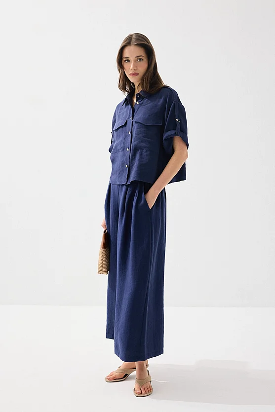 Tencel Shirt with Epaulette Sleeves - Navy Blue - Gusto