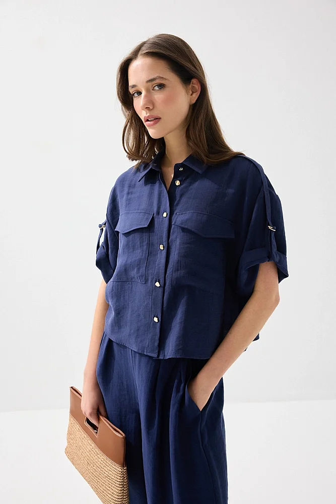 Tencel Shirt with Epaulette Sleeves - Navy Blue Navy Blue