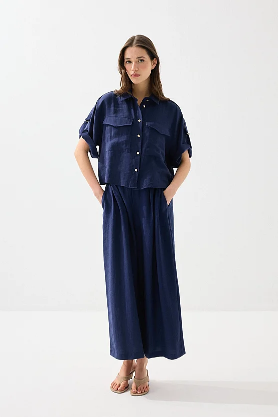 Tencel Shirt with Epaulette Sleeves - Navy Blue - Gusto