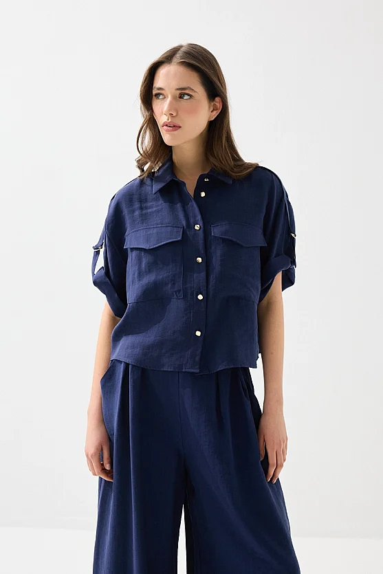 Tencel Shirt with Epaulette Sleeves - Navy Blue - Gusto