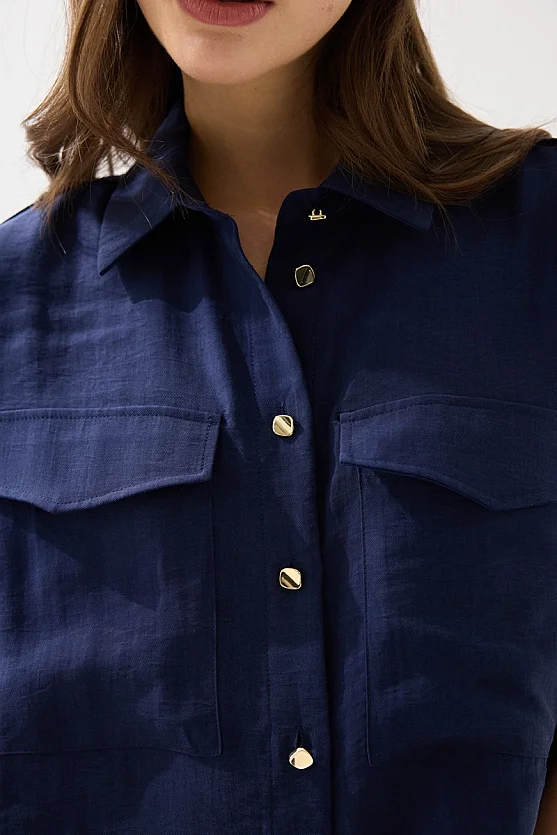 Tencel Shirt with Epaulette Sleeves - Navy Blue - Gusto