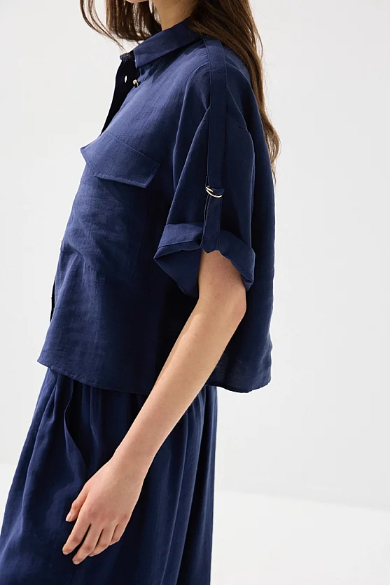 Tencel Shirt with Epaulette Sleeves - Navy Blue - Gusto