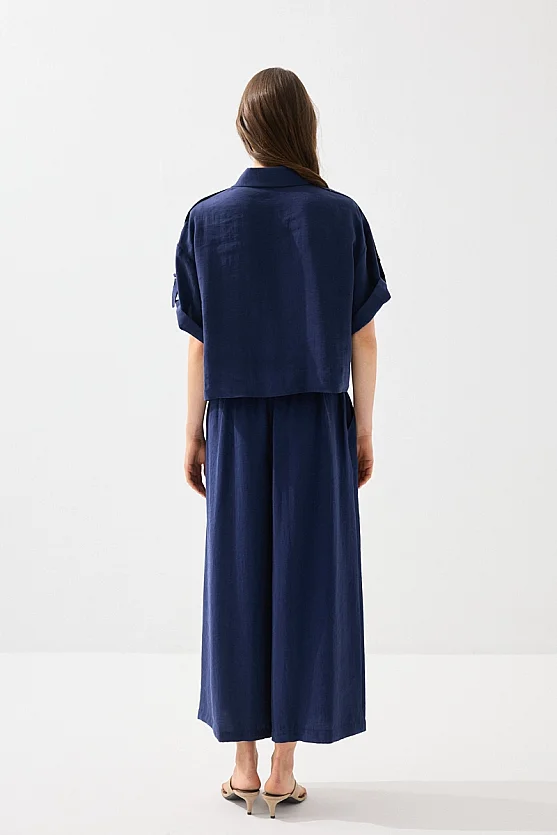 Tencel Shirt with Epaulette Sleeves - Navy Blue - Gusto