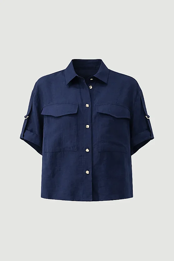 Tencel Shirt with Epaulette Sleeves - Navy Blue - 8