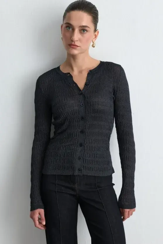 Textured Knit Cardigan - Navy Blue - 3