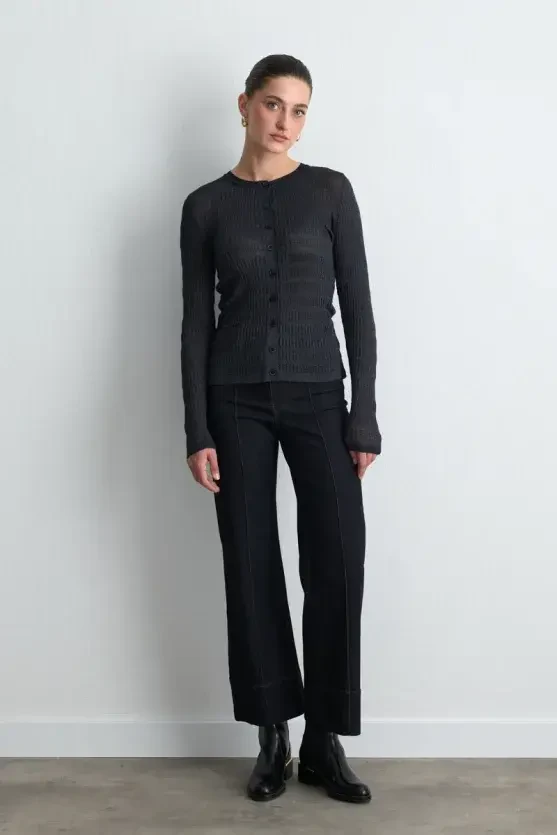 Textured Knit Cardigan - Navy Blue - 4