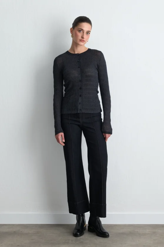 Textured Knit Cardigan Navy Blue - 4