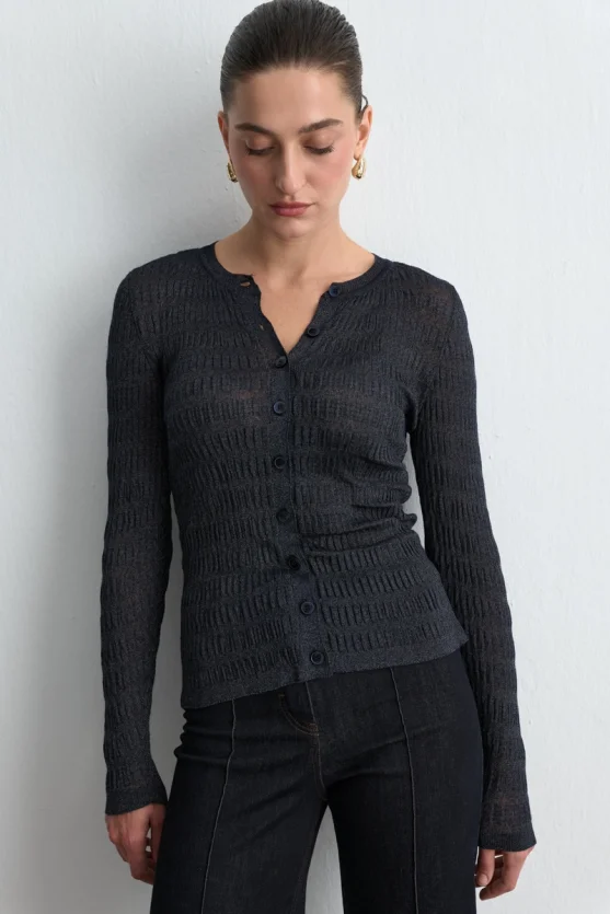 Textured Knit Cardigan Navy Blue - Gusto