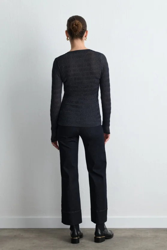 Textured Knit Cardigan Navy Blue - 5