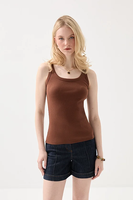 Thin Strap Basic Cotton Tank Top - Brown - 1