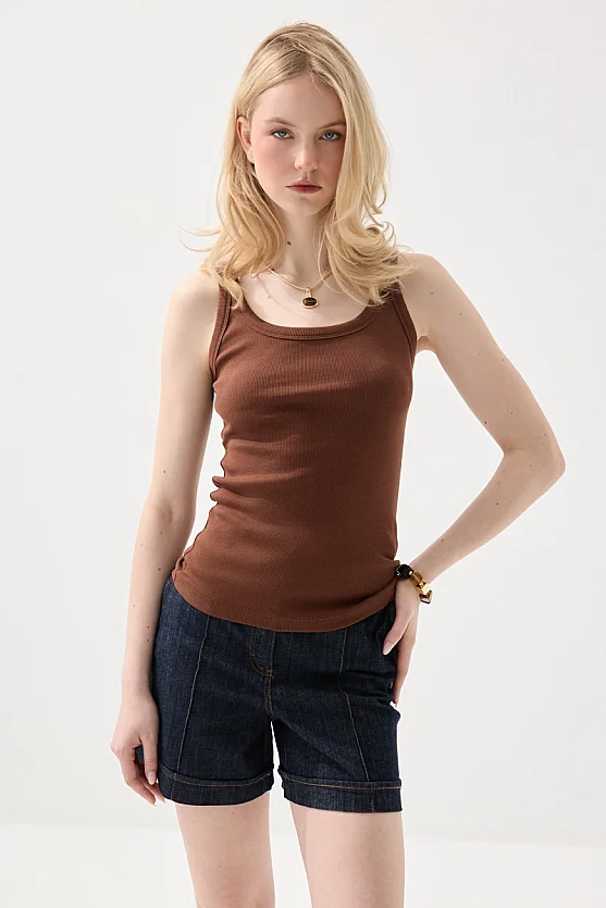 Thin Strap Basic Cotton Tank Top - Brown - Gusto